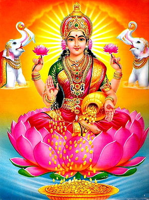 Goddess Lakshmi Seated on Lotus with Elephants and Golden Coins HD phone wallpaper