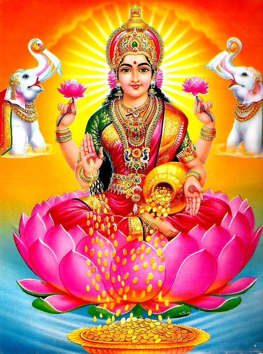 Goddess Lakshmi Seated on Lotus with Elephants and Golden Coins HD phone wallpaper
