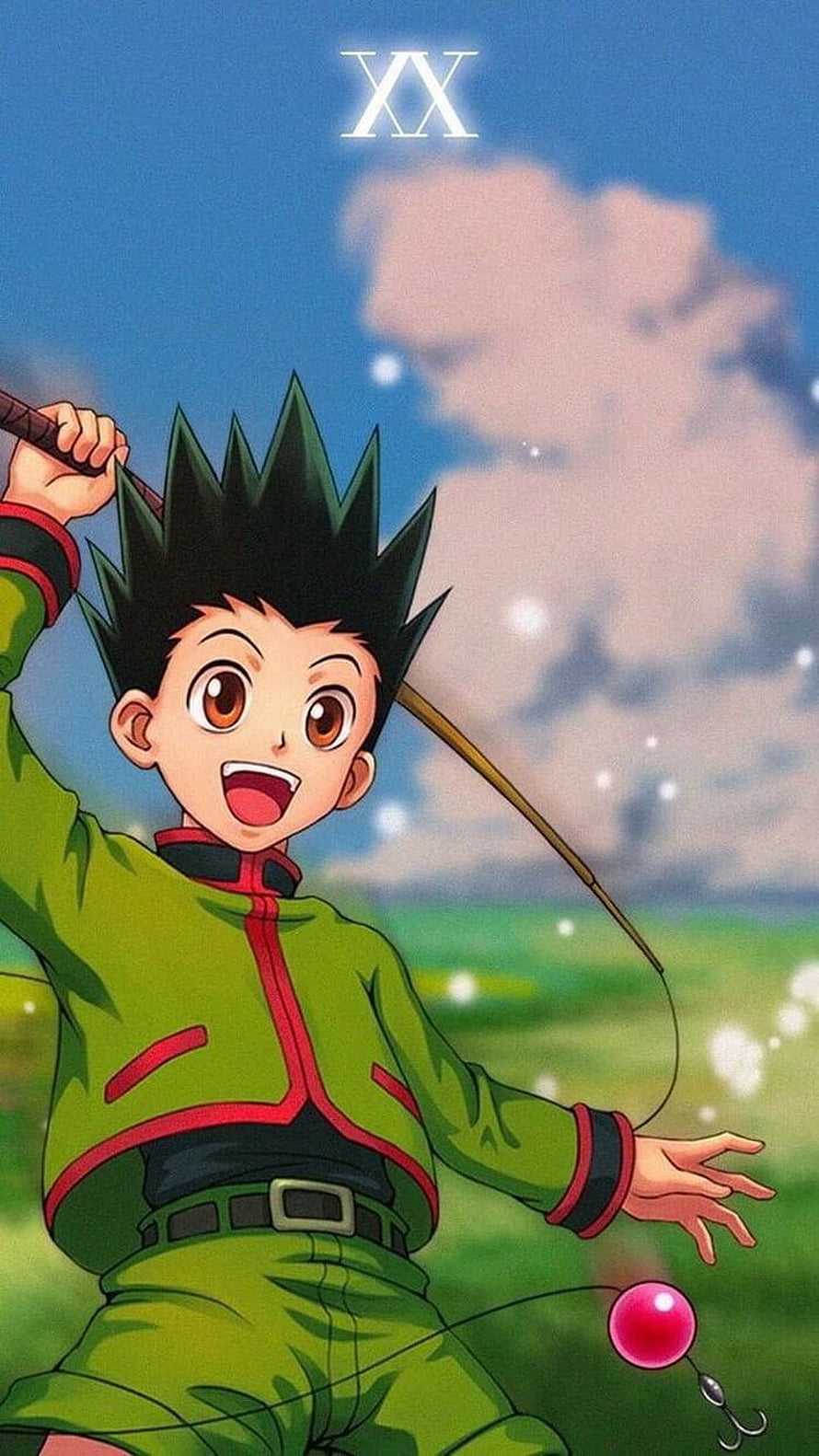 Gon Freecss from Hunter x Hunter holding a fishing rod in a sunny field HD phone wallpaper