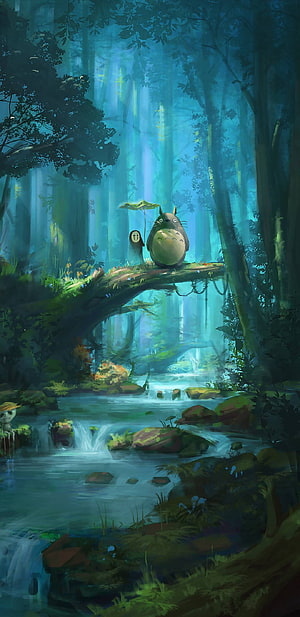 Totoro and Chibi Totoro Resting on a Branch in a Lush Enchanted Forest Stream HD phone wallpaper