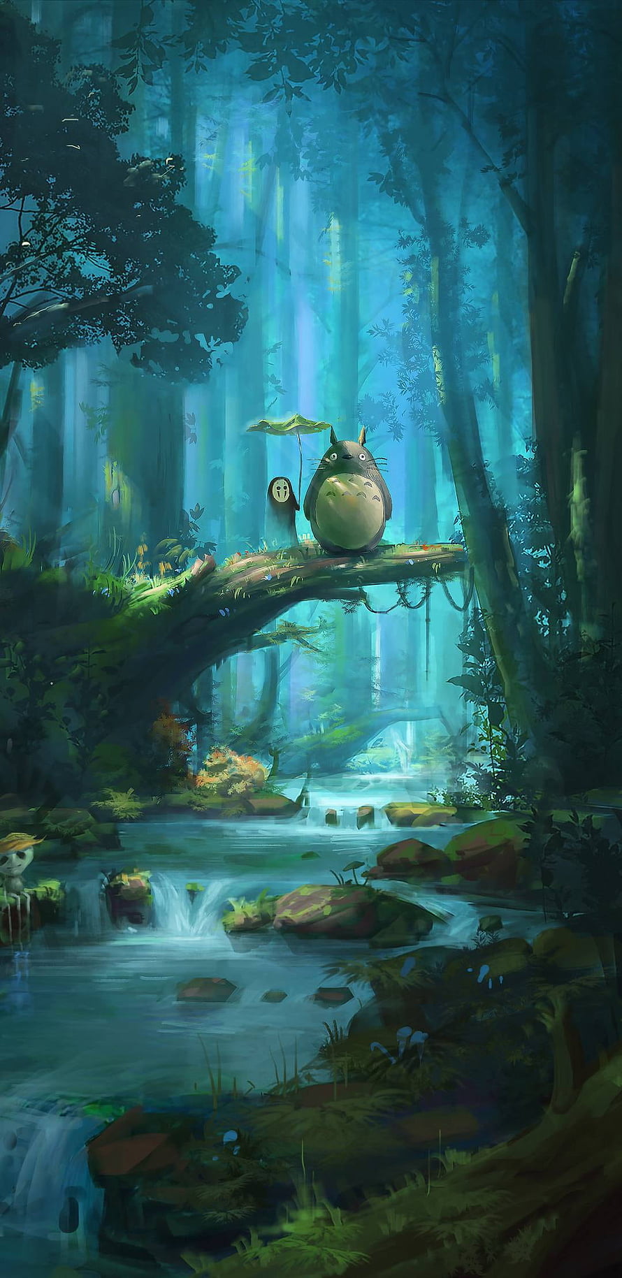 Totoro and Chibi Totoro Resting on a Branch in a Lush Enchanted Forest Stream HD phone wallpaper