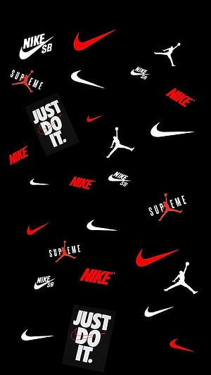 Nike and Supreme Logo Pattern on Black Background with Red and White Swooshes HD phone wallpaper