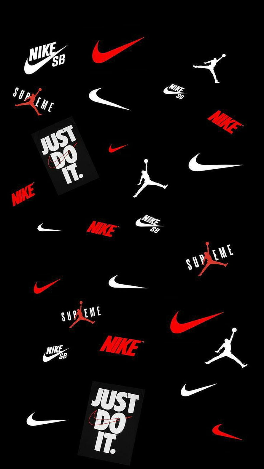Nike and Supreme Logo Pattern on Black Background with Red and White Swooshes HD phone wallpaper
