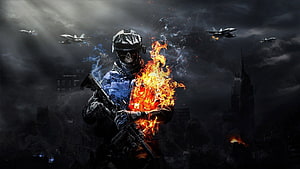 Flaming Skull Soldier with Assault Rifle in Dark War Zone with Fighter Jets HD wallpaper