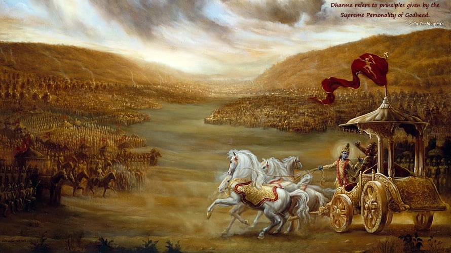 Krishna and Arjuna on the Chariot at the Kurukshetra Battlefield HD wallpaper