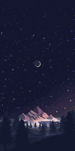 Pixel Art Night Sky Over Snowy Mountains and Pine Forest HD phone wallpaper