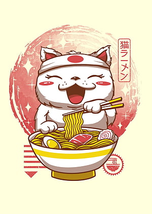 Cute Neko Ramen Cat Eating Noodles Japanese Pop Art Illustration HD phone wallpaper