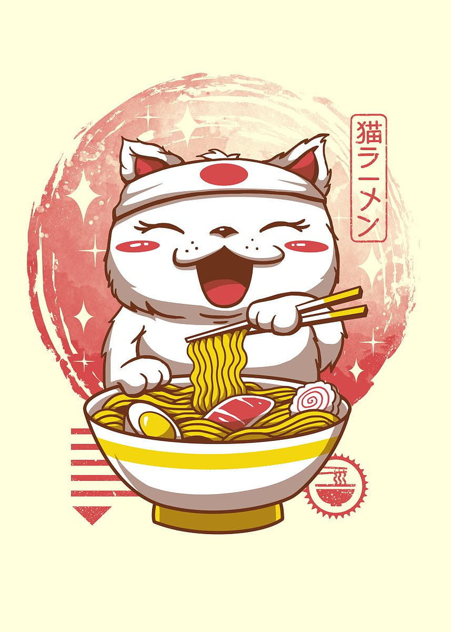 Cute Neko Ramen Cat Eating Noodles Japanese Pop Art Illustration HD phone wallpaper