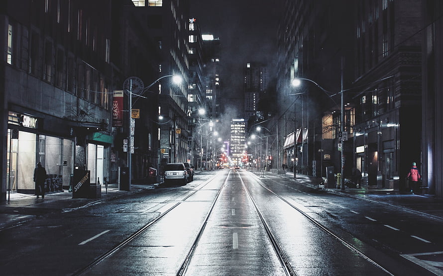 Moody Toronto Street Scene at Night with Wet Asphalt and Streetlights HD wallpaper