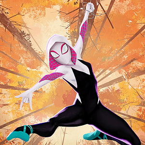 Spider-Gwen in Dynamic Action Pose Against Autumn Forest Background HD phone wallpaper