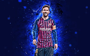 Lionel Messi in FC Barcelona Home Kit with Dramatic Blue Energy Background HD wallpaper