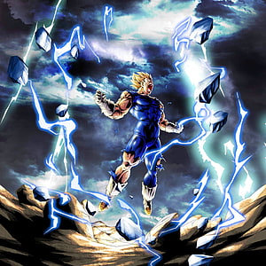 Majin Vegeta unleashing Final Flash with blue lightning and floating rocks in a dramatic anime battle scene HD phone wallpaper