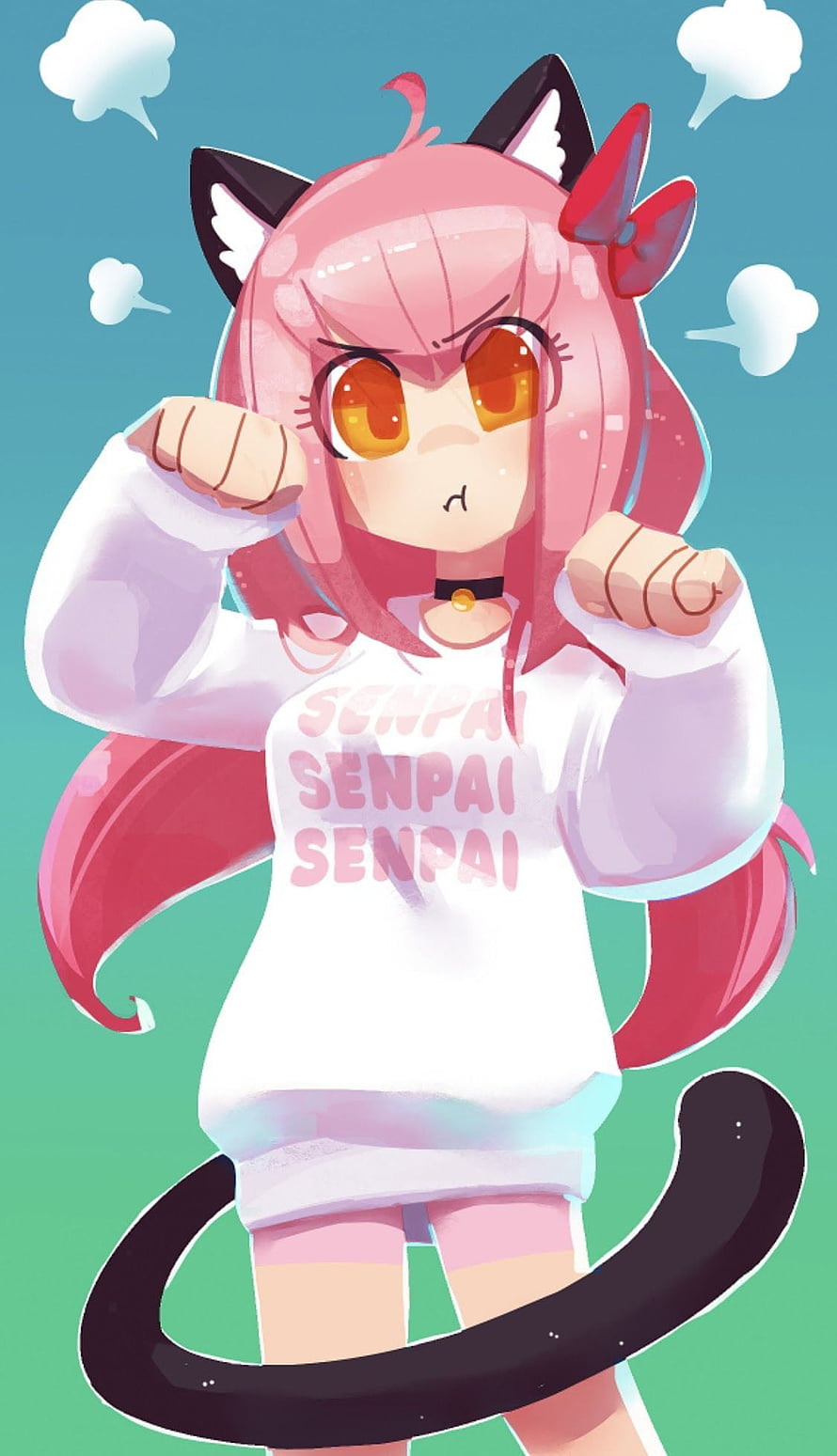 Pink Haired Anime Cat Girl in White Senpai Sweatshirt with Fists Raised HD phone wallpaper