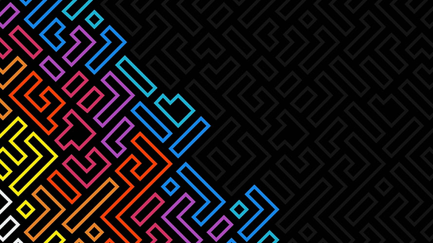 Vibrant Neon Geometric Maze Pattern on Dark Background HD wallpaper