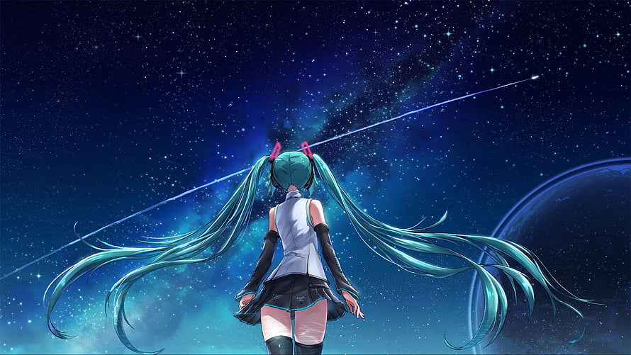 Hatsune Miku Gazing at a Starry Night Sky with Shooting Star and Planet HD wallpaper