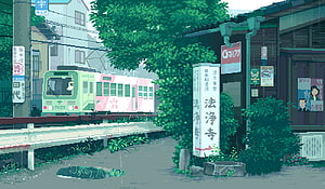 Pixel Art Japanese Train Station Scene With Green Livery and Rainy Atmosphere HD wallpaper