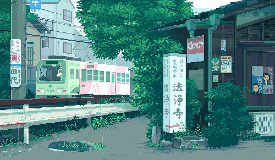 Pixel Art Japanese Train Station Scene With Green Livery and Rainy Atmosphere HD wallpaper
