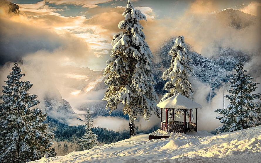 Snowy Mountain Gazebo Surrounded by Fog and Evergreen Trees at Sunrise HD wallpaper