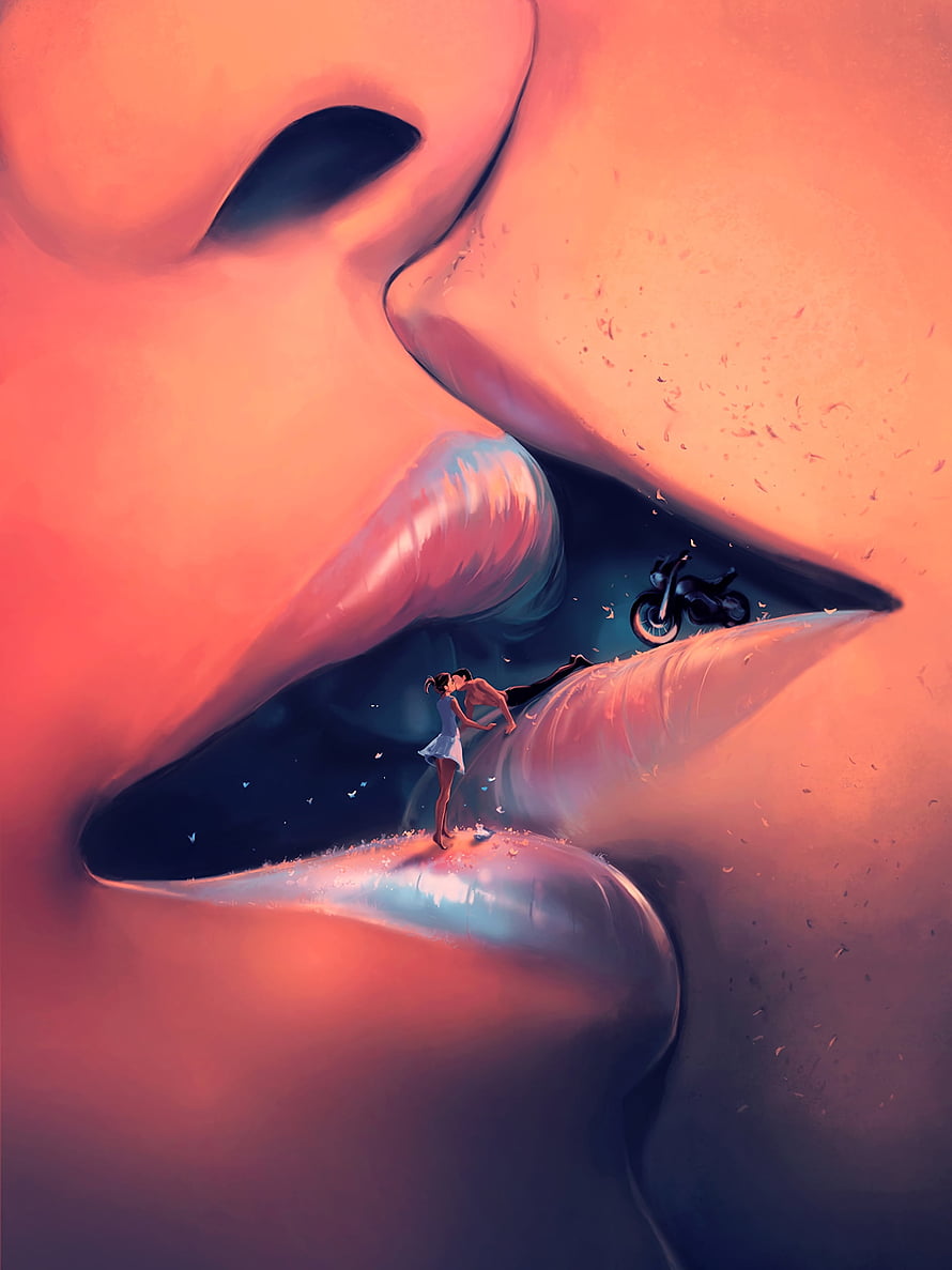 Surreal Digital Art of a Couple Dancing Inside a Giant Open Mouth HD phone wallpaper