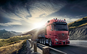 Red Mercedes-Benz Actros Heavy Truck Hauling Concrete Blocks on Mountain Highway HD wallpaper