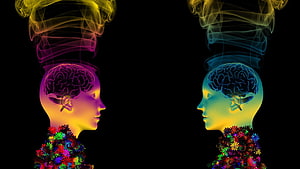 Neon Human Profiles with Glowing Brains and Rising Smoke on Black Background HD wallpaper