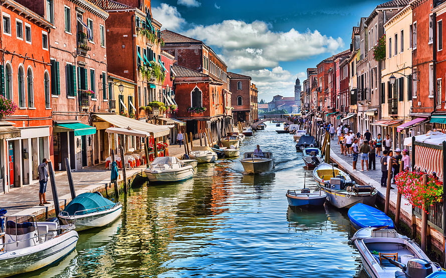 Colorful Venetian Canal Lined With Historic Buildings And Moored Boats HD wallpaper