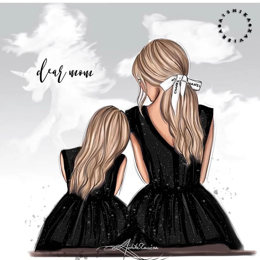 Mother and Daughter in Matching Black Dresses Digital Illustration HD wallpaper