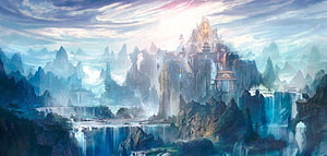 Mystical Xianxia Mountain Temple with Waterfalls and Floating Pagodas HD wallpaper