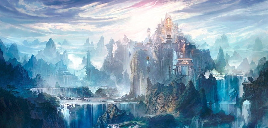 Mystical Xianxia Mountain Temple with Waterfalls and Floating Pagodas HD wallpaper