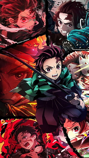 Tanjiro Kamado in Action with Demon Slayer Characters and Intense Battle Scenes HD phone wallpaper