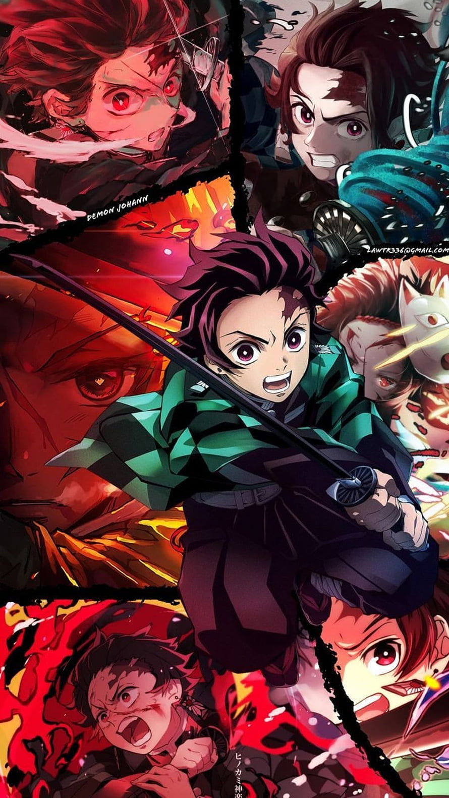 Tanjiro Kamado in Action with Demon Slayer Characters and Intense Battle Scenes HD phone wallpaper
