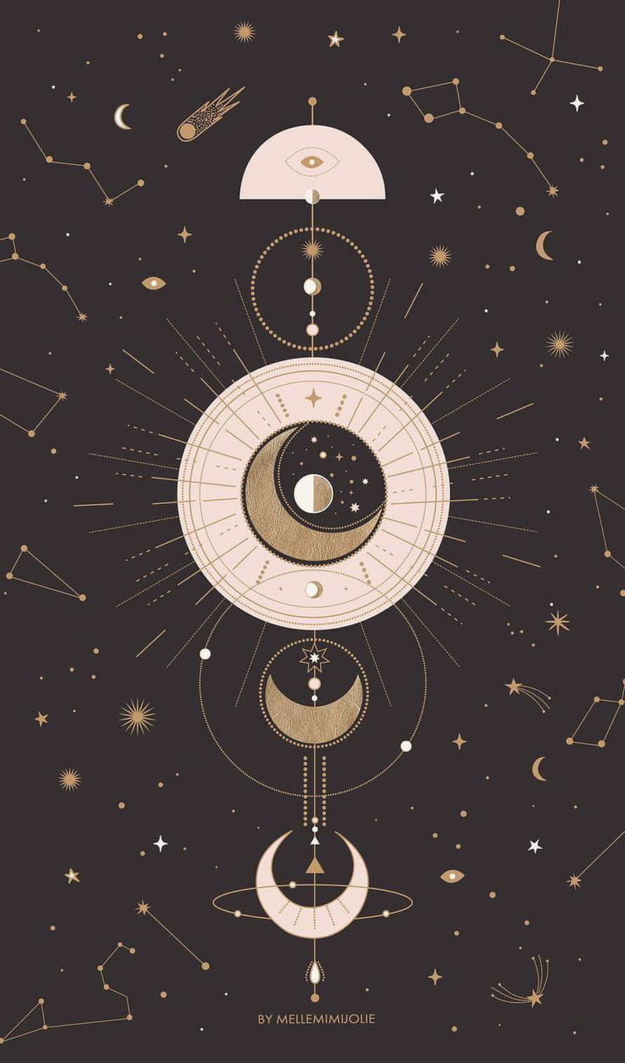 Celestial Moon Phase and Constellation Illustration with Gold and Cream Geometric Design HD phone wallpaper