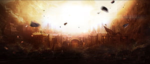 Ancient fortress gate engulfed in fiery explosion and floating debris HD wallpaper