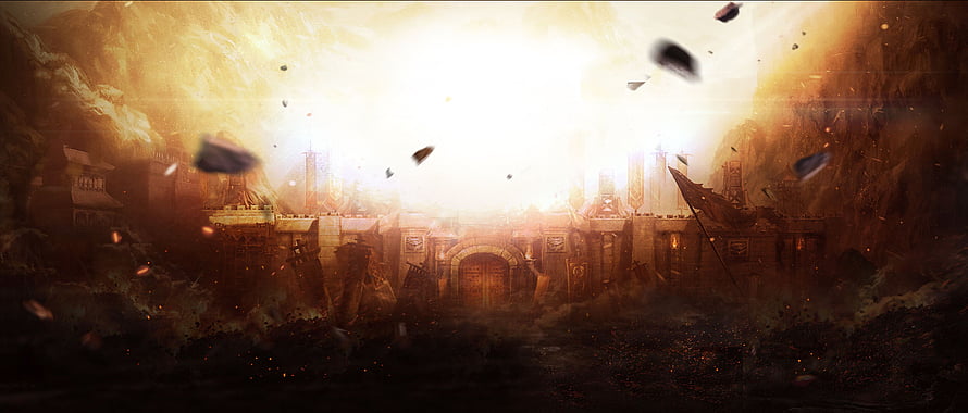 Ancient fortress gate engulfed in fiery explosion and floating debris HD wallpaper