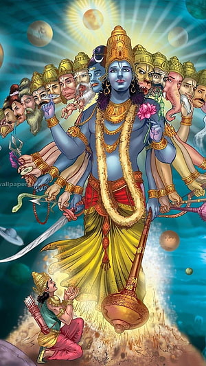 Hindu Deity with Multiple Heads and Arms Holding Sacred Weapons and Lotus HD phone wallpaper