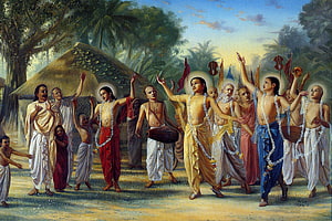 Chaitanya Mahaprabhu Leading Devotees in Traditional Kirtan Dance in a Tropical Village Setting HD wallpaper