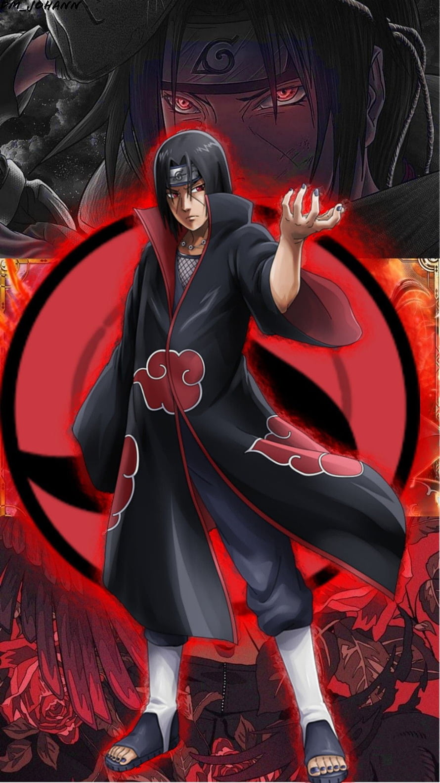 Itachi Uchiha in Akatsuki Robe with Sharingan Eyes and Red Chakra Aura HD phone wallpaper