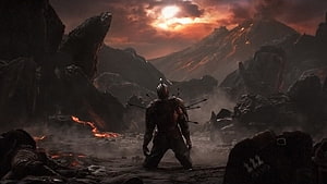 Dark Souls II warrior standing in volcanic battlefield with arrows in back HD wallpaper