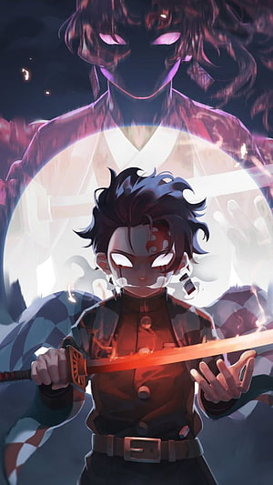 Tanjiro Kamado Demon Slayer Anime Artwork with Glowing Sword and Shadow Figure HD phone wallpaper