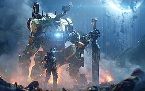 Titanfall 2 Pilot and Massive War Mech Standing in a Smoky Battlefield HD wallpaper