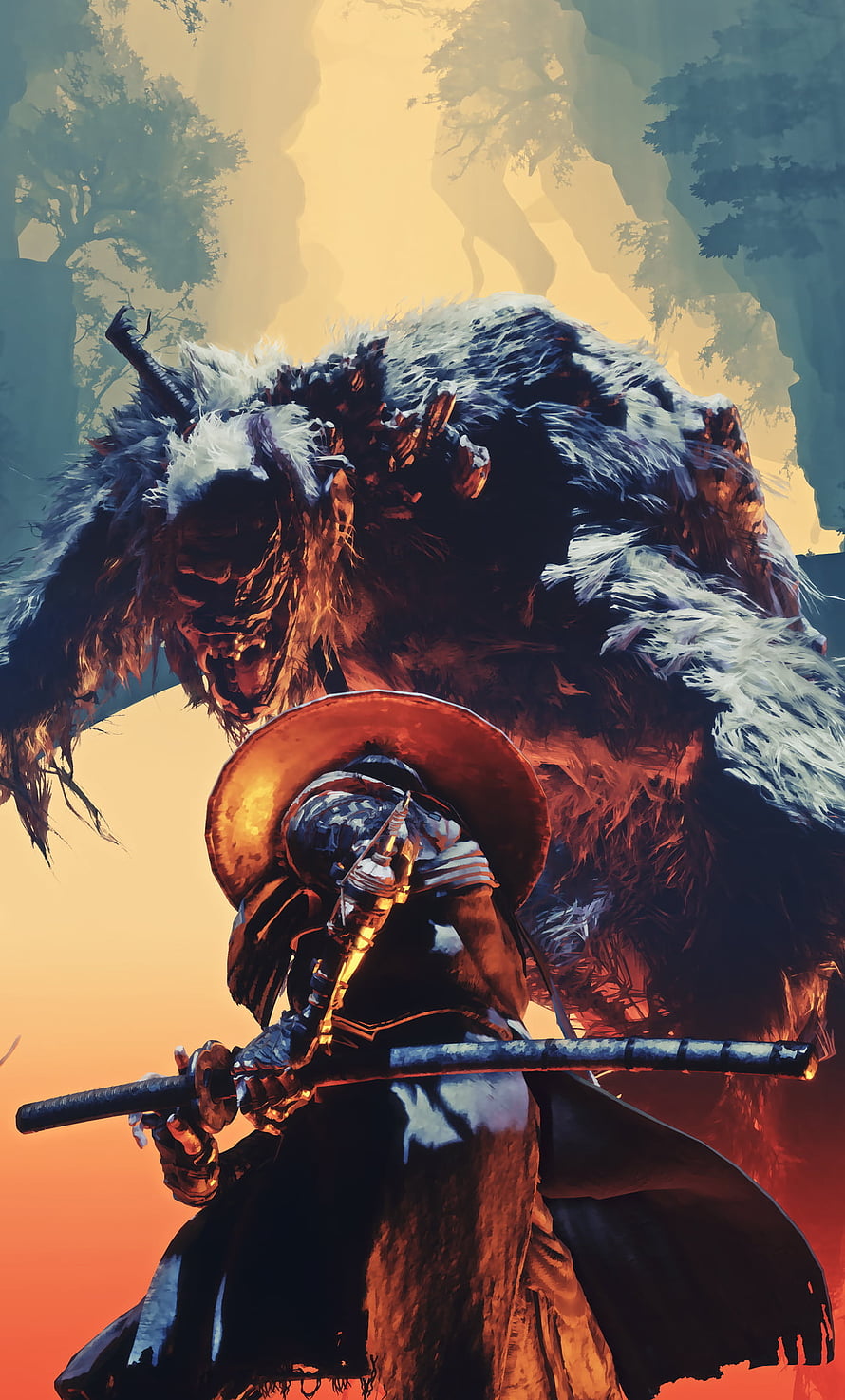 Sekiro Shadows Die Twice Samurai Confronting Giant Beast in Dramatic Artwork HD phone wallpaper