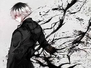 Haise Sasaki from Tokyo Ghoul in a dark ink wash illustration with swirling black tendrils HD wallpaper