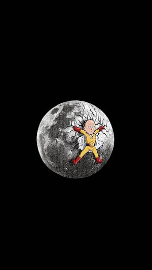 Saitama from One Punch Man Standing on a Cracked Moon Against a Black Sky HD phone wallpaper