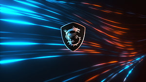 MSI Dragon Shield Emblem with Neon Blue and Orange Light Streaks on Dark Background HD wallpaper