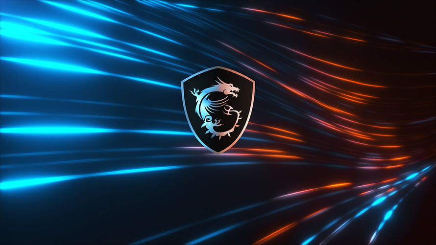 MSI Dragon Shield Emblem with Neon Blue and Orange Light Streaks on Dark Background HD wallpaper