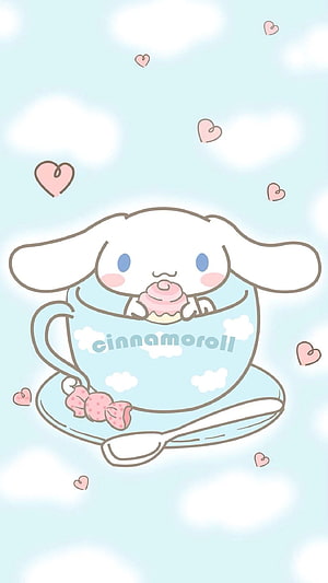 Cute Cinnamoroll Sanrio Character Enjoying a Cupcake in a Teacup with Floating Hearts HD phone wallpaper