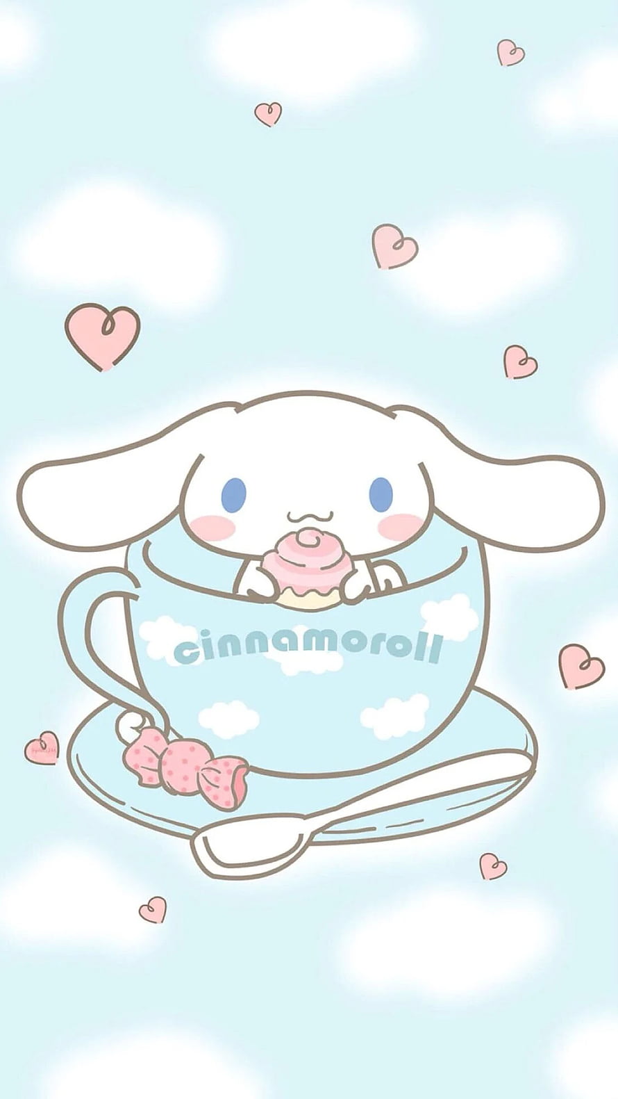 Cute Cinnamoroll Sanrio Character Enjoying a Cupcake in a Teacup with Floating Hearts HD phone wallpaper
