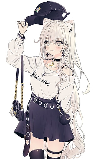 Anime Girl in Emo Streetwear with Cat Ears and Black Baseball Cap HD phone wallpaper