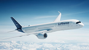 Lufthansa Airbus A350 XWB Cruising Above Snow-Capped Mountain Ranges HD wallpaper