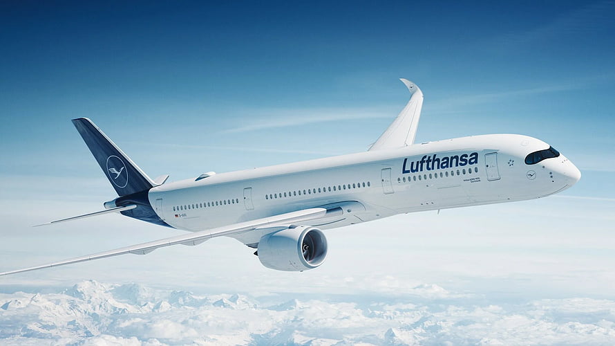 Lufthansa Airbus A350 XWB Cruising Above Snow-Capped Mountain Ranges HD wallpaper